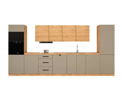 Produktbild von Küchenzeile 440 cm Einbauküche ohne Arbeitsplatte Küchenblock, Langen KL7-M440, Beige /Artisan Eiche