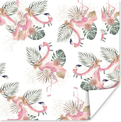 Produktbild von MuchoWow® Poster Flamingo - Blumen - Blätter - Muster 100x100 cm - Babyzimmer