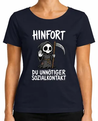 Imagen del producto de Camiseta para mujer, color azul marino, talla M, con el texto: "Hinfort: Contacto social innecesario. La muerte: Declaración. Sarcasmo."