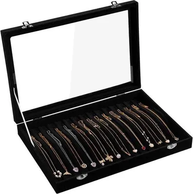 Immagine prodotto di Scatola per collane Unyqoos® – Rivestimento interno in velluto e coperchio in vetro, 16 ganci, 3 chiusure laterali, contenitore robusto e spazioso