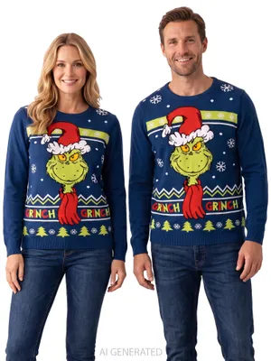 Produktbild von The Grinch Weihnachtspullover für Herren & Damen - Winter Strick Pullover Sweatshirt Ugly Christmas Sweater Uni Weihnachten Blau XL