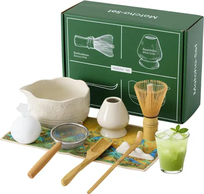 Produktbild von VONATES Matcha Set 9-tlg. mit Matcha-Schale, Bambus-Besener & Halter, Sieb, Löffel, Tuch, Eisform - Starter-Kit für Teezeremonie & Geschenk, Weiß