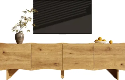 Produktbild von TV-Schrank mit Wellenmuster – 155 cm Medienkonsole mit Stauraum, vier Türen und Kabeldurchführungen in Holzoptik, stilvolles Design für Wohnzimmer