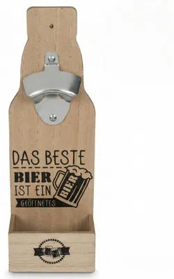 Productafbeelding van Houten flesopener voor aan de muur - Met opvangbak voor kroonkurken van metaal - Voor wandmontage - 30 x 10 cm