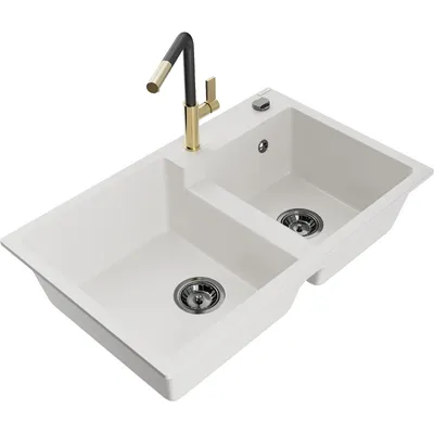 Obrázek produktu pro Mexen Tomas 2-miskový granitový dřez s kuchyňskou baterií Flora, Bílá - 6516-20-670401-57-B