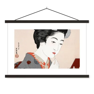 Produktbild von MuchoWow® Textilposter Frau - Make-up - Japanisch - Vintage 90x60 cm mit schwarzem Rahmen - Aufhängungssatz