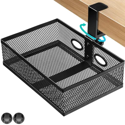 Produktbild von 360° drehbarer Schreibtisch-Organizer unter dem Tisch – Metall Schublade mit 2 Kabelöffnungen, schwarz, für Büro, Schule, Zuhause