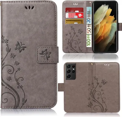 Produktbild von Handy Tasche für Samsung Galaxy S21 Ultra Schutz Hülle Handyhülle mit Blumenmuster Klapp Hülle mit Standfunktion und Kartenfächer Farbe: Grau