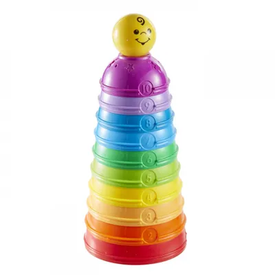 A stacking toy with colorful rings and a smiley face on top, set against a white background.