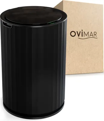Produktbild von ovimar Sensor Badeimer Senja | Schwarz | Sensor Mülleimer | Kosmetikeimer rund | Eimer mit Deckel | 7l (Liter) | auch als Windeleimer | stylischer Mülleimer fürs Bad oder die Küche als Abfalleimer