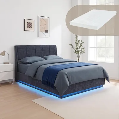 Produktbild von LED Polsterbett 'Tröstiar' mit Bettkasten und Matratze Leinen 140 x 200 cm Blau
