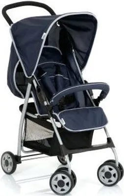 A navy blue stroller with a silver frame is shown against a white background.