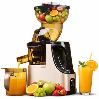 A slow juicer with a container full of fruits on top, juicing into a pitcher and a glass of juice next to it, with fresh fruits at the base.