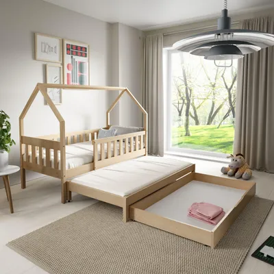 Produktbild von Masseno Kinderbett BAMBINA 80x160 cm mit Schublade, Rausfallschutz, Einzelbett für Mädchen und Jungs, Hausbett für Kinder, Kiefernholz
