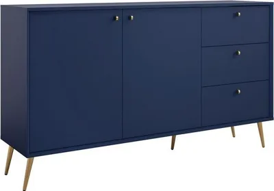 A dark blue sideboard with gold legs and handles, shown against a white background.