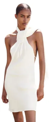 Produktbild von Zara Damen-Minikleid in Ecru-Weiß mit 3D-Rosen-Applikation und Neckholder L