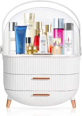 Obrázek produktu pro Uniqoos® Organizér na make-up, 29×20×36 cm, bílý – průhledné akrylové víko, zlatý úchyt, 3 úrovně, protiskluzové nožičky, prostor pro 14 vysokých lahviček a šperky