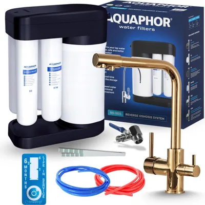 Obrázek produktu pro 3cestná kuchyňská baterie Aquaphor Morion s filtrem na vodu, otočnou dvojitou výtokovou hubicí, zlatá mosazná