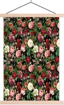 Produktbild von MuchoWow® Textilposter Blumen - Vintage - Rosen 120x180 cm mit holzfarbenen Rahmen - Textil-Plakat