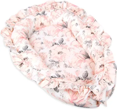 Produktbild von PIMKO Blumen Babynest mit rüschen Babynestchen für Baby Kuschelnest Babykokon für Säuglinge und Neugeborene 100% Baumwolle kokon Babykissen geeignet für Zuhause oder als Lagerungskissen 55 x 90 cm