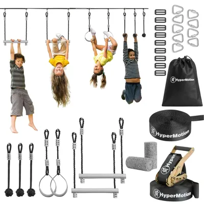 Obrázok produktu pre Sada pre prekážkovú dráhu Ninja Slackline – vonkajšia lezecká zostava – 7 záhradných prekážok – cvičebný set pre deti a mládež od 6 rokov – plast