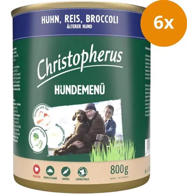 Produktbild von Christopherus Hundemenü Senior mit Huhn, Reis, Broccoli 800 g, Senior, jede Rasse, Brokkoli, Huhn, Reis, 800 g, Ohne Soja