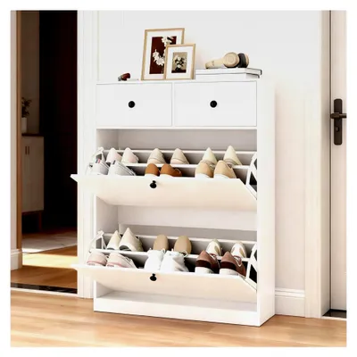 Produktbild von Schmaler Schuhschrank mit 2 Klappen und 2 Schubladen, Weiß, platzsparend, 24 cm tief, verstellbare Trennwand, Kippschutz, modernes Design für Flur und Eingangsbereich