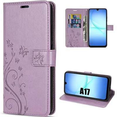 Image de Coque pour Samsung Galaxy A17 4G/5G, Cuir Synthétique Antichoc Anti-Rayures Motif Plante Papillon Violet