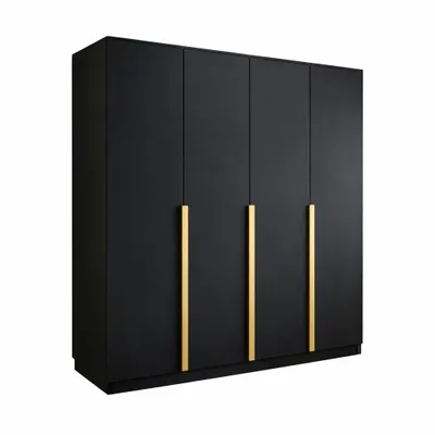 Produktbild von Kleiderschrank LIZA 197 x 215 x 58,1, 3-türig, schwarz mit goldenen Griffen, Kleiderstange und großzügigem Stauraum