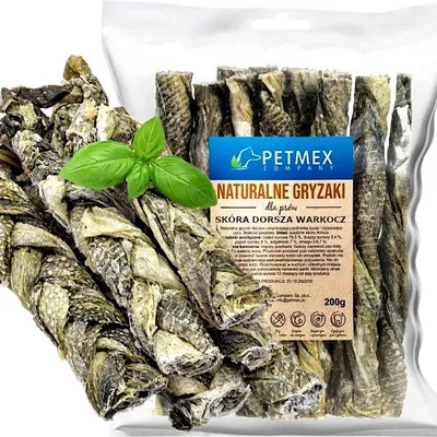 Produktbild von Delikatesse, natürlicher Kausnack für Hunde: Getrocknete Kabeljauhaut-Zopf von Petmex, 200 g