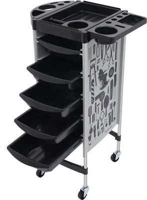 Produktbild von Friseurwagen - Friseur Trolley - 5 Schubladen - 6 Ebenen - 4 Rollen - PP & Edelstahl - Standmodell - Schwarz oder Grau-Weiß