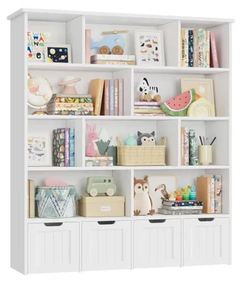 Image de Étagère à livres et à jouets pour enfants - Étagère en bois avec 4 tiroirs à roulettes - 11 compartiments - Pour chambre d'enfant ou salle de jeux - 125,5 x 33 x 146 cm - Blanc