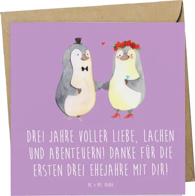Produktbild von Mr. & Mrs. Panda Glückwunschkarte 3. Hochzeitstag Lederhochzeit - Lavendeltraum - Geschenk, Abenteuer, Grußkarte, Klappkarte, anlasskarte, Beziehung, faltkarte, Geschenke