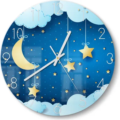 Produktbild von DEQORI Glasuhr Ø30 cm Zahlen 'Mond und Sterne Collage' Wanduhr Glas Uhr Design leise