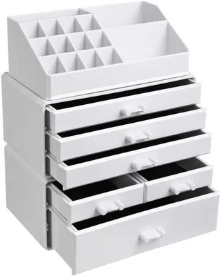 Productafbeelding van Ibenzoa® Make-up organizer, wit, met 6 lades en 15 vakken voor cosmetica, afmetingen 24 x 13,5 x 30,5 cm, stapelbaar, waterbestendig