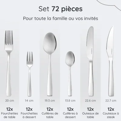 Image de Deleca Service de couverts 72 pièces pour 12 personnes - Lavable au lave-vaisselle Couverts - Couteaux, Fourchettes, Cuillères, Couteaux à steak, Fourchettes à gâteaux - Acier inoxydable Brillant