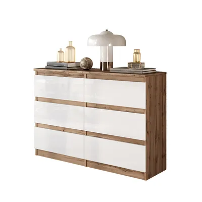 Produktbild von Kommode Gabriel 6 Schubladen – Eiche Wotan / Weiß Hochglanz 100 cm, stilvoll und funktional