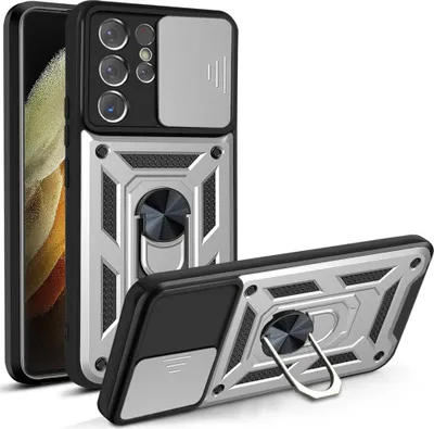 A product shot of a phone case with a ring stand and camera cover.