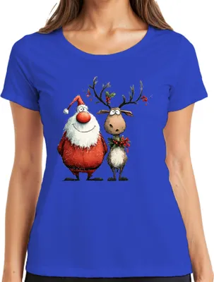 Produktbild von Lustiger Weihnachtsmann und Rentier Cartoon Weihnachten Geschenk Damen T-Shirt, Blau, M