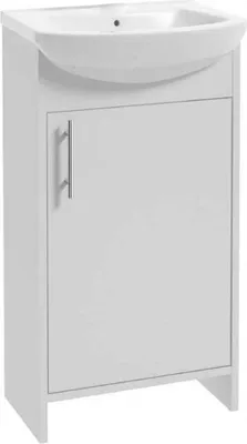 A white bathroom vanity with a sink on top, shown from the front.