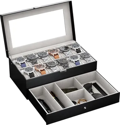 Image de Montres box avec couvercle en verre et 12 compartiments - noir - 2 niveaux