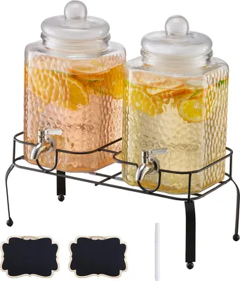 Immagine prodotto di VEVOR distributore di bevande (2 x 5,5 L) per feste distributore di succhi di frutta (in vetro) con rubinetto antigoccia e supporto in metallo distributore d'acqua per ristoranti feste, distributore di limonata per bevande fatte in casa