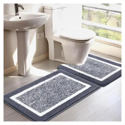 Produktbild von Rutschfeste Badematte - Weicher Badezimmerteppich, Wasserabsorbierend, Maschinenwaschbar, Grau, 45x65cm + 50x60cm