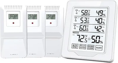 Obrázek produktu pro Měřič vnitřní a venkovní teploty a vlhkosti vzduchu se 3 externími senzory a bílým displejem.