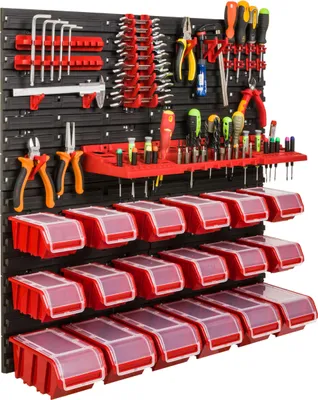 Image de Système de rangement Étagère d'atelier | 78 x 78 cm | 18 pièces Boîte | Étagère murale avec supports pour outils et bacs empilables - Panneaux muraux Étagère à bacs extra-robuste Panneau perforé pour outils Étagère de rangement Étagère de garage