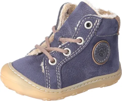 A single blue child's boot is shown against a white background.