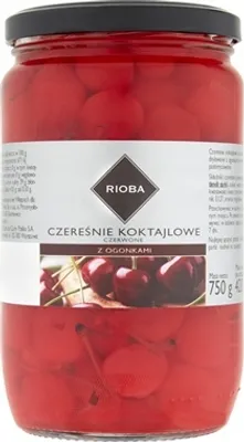 Zdjęcie produktu dla Czerwone wiśnie koktajlowe z szypułkami 750g - Rioba