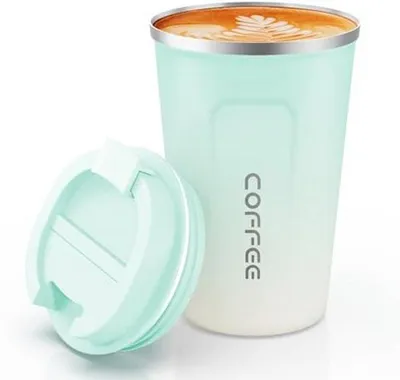 Produktbild von Famanu Kaffeebecher 380 ml - Doppelwandige, Leckfreie Isoliermug für Heiße und Kalte Getränke - Hellgrün