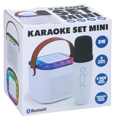 Image de Haut-parleur karaoké Bluetooth Mini boîte à musique avec microphone et spectacle de lumière RGB - Haut-parleur de fête avec 9 effets sonores - Compact et léger - Blanc
