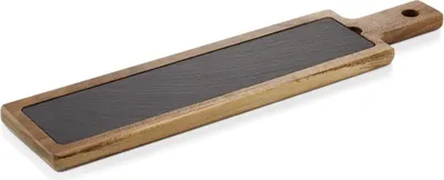 A serving board with a wooden frame and a dark slate insert, shown at an angle on a white background.
